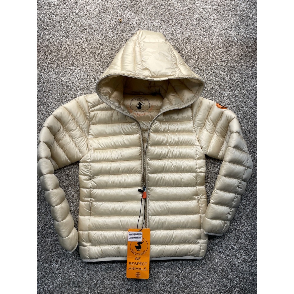Save The Duck Puffer Jacket Kids 12 Cream NEW Hooded Quilted J32310G